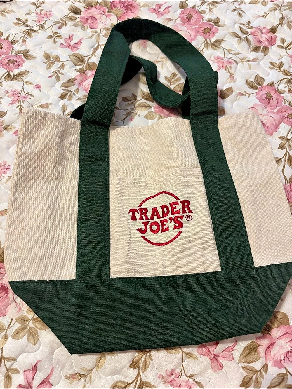 Trader Joe's Mini Canvas Tote Bag in Green & Cream